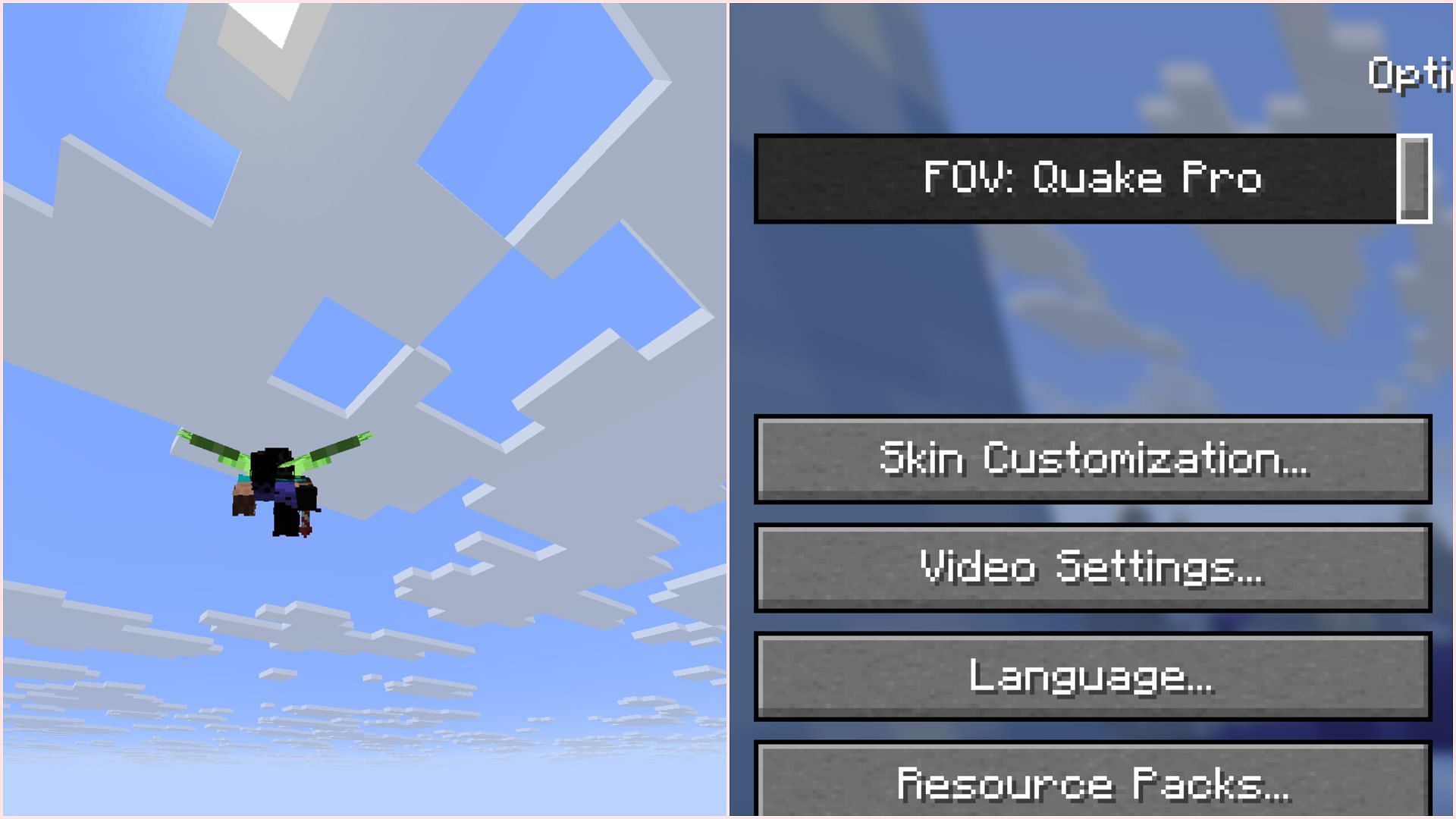 Use elytra to fly around at the highest FOV to find the creeper face cloud pattern (Image via Sportskeeda Gaming || Mojang Studios)